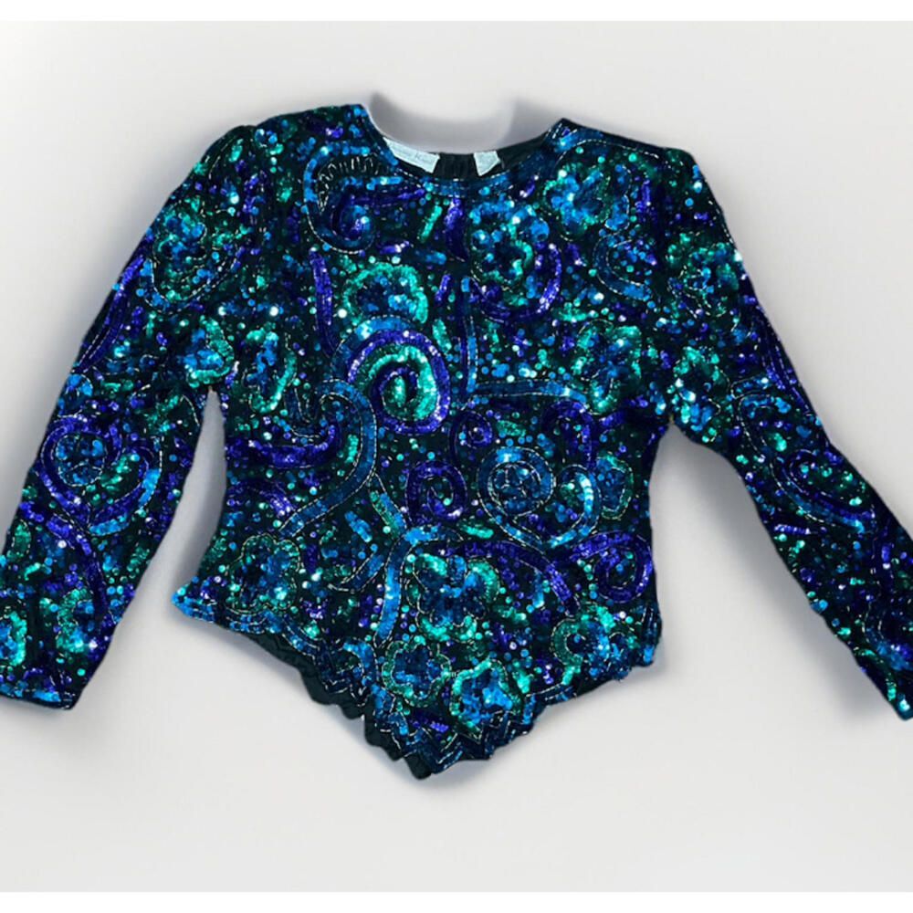 Vintage Laurence Kazar Heavy Beaded Sequin Silk Evening Top Blue Green XL